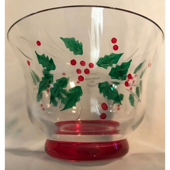 Gorham "FESTIVE HOLLY" 5" Crystal Candy Dish Hand-painted And Hand-cut - Picture 6 of 9